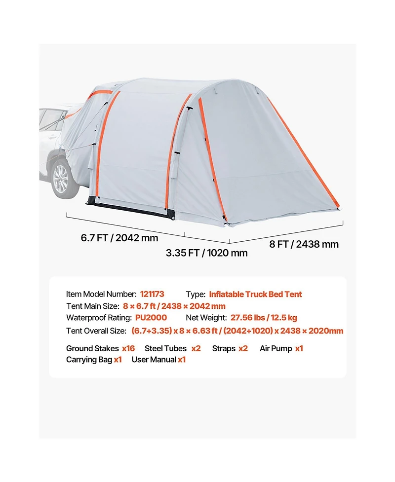 Sevorley Inflatable Suv Tailgate Tent, 8 x 6.7 ft Waterproof PU2000mm Tent with Awning and Air Pump