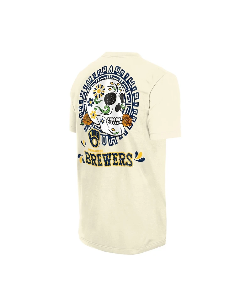 New Era Men's Natural Milwaukee Brewers Dia de los Muertos Sugar Skull T-Shirt
