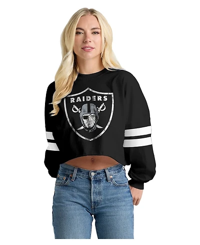 Spirit Jersey Women's Black Las Vegas Raiders Oversized Cropped Stripe Long Sleeve T-Shirt