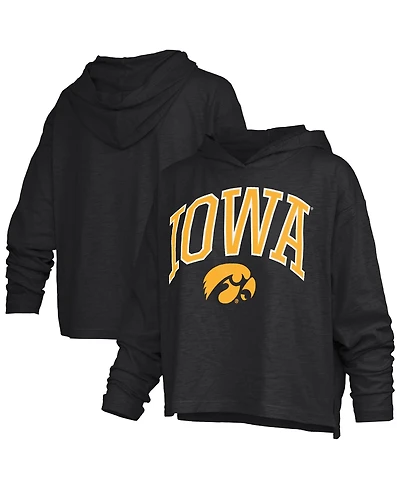 Pressbox Women's Black Iowa Hawkeyes Nelson Arch Over Logo Long Sleeve Hooded Slub T-Shirt
