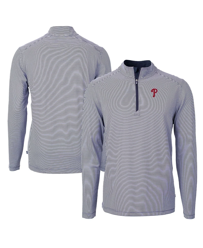 Cutter Buck Men's Navy/White Philadelphia Phillies Virtue Eco Pique Micro Stripe Recycled Quarter-Zip Pullover Sweatshirt