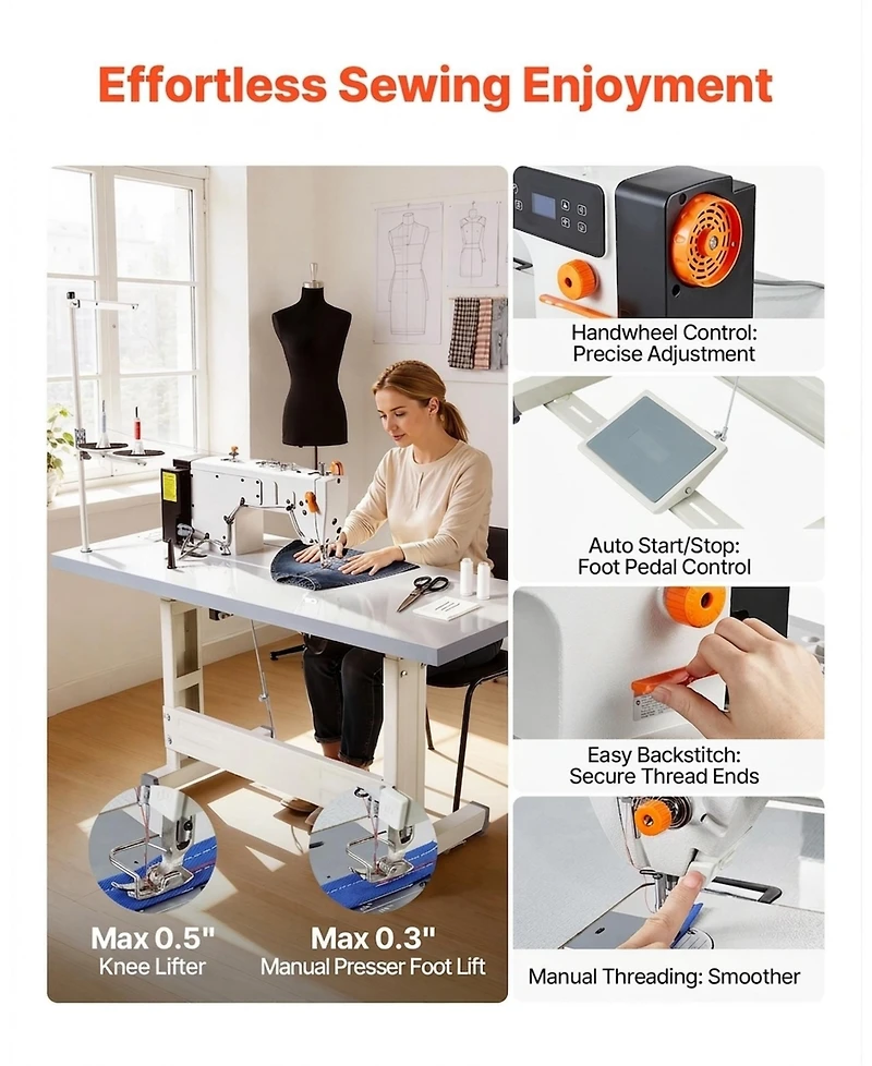 Sevorley Industrial Lockstitch Sewing Machine, 550W Servo Motor with Table Stand