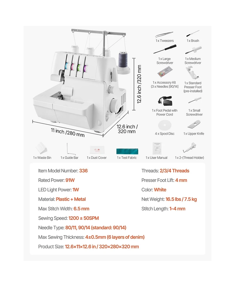 Sevorley Serger Overlock Sewing Machine, 2-3-4 Thread with Free Arm and Led Light