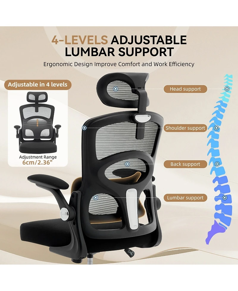 homfan Ergonomic Mesh Office Chair with adjustable headrest, lumbar support, flip-up arms, swivel wheels, and sturdy metal base