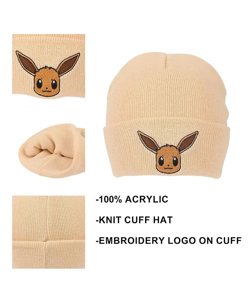 Pokemon Women's Rib Knit, Embroidered Eevee On Cuff Beanie