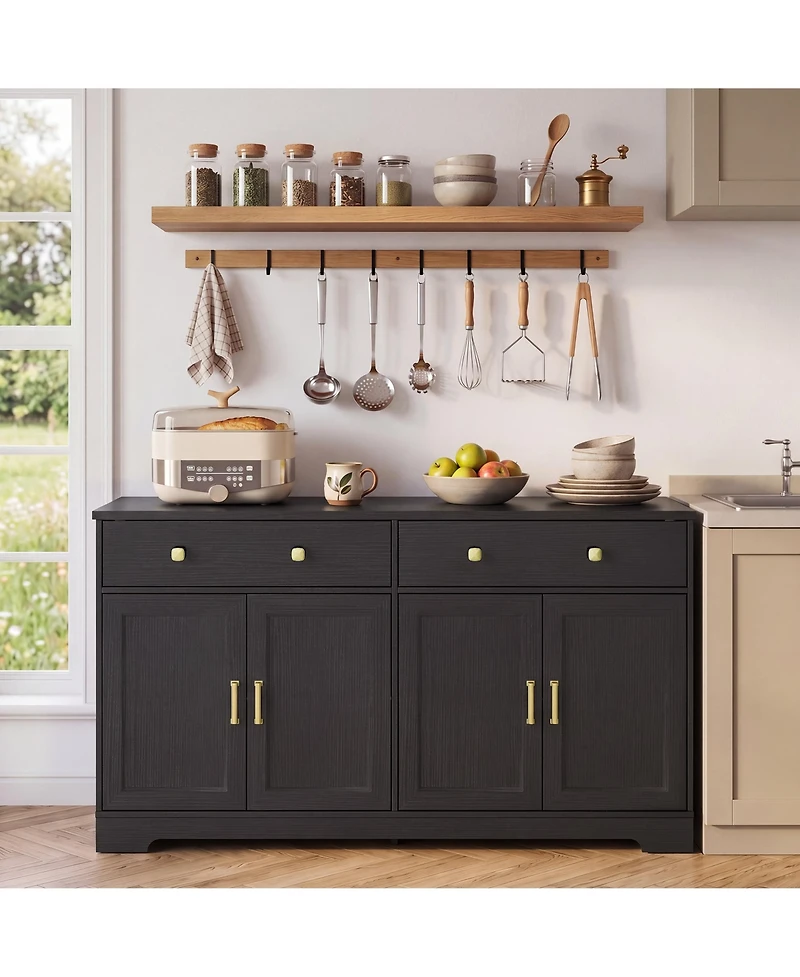 Gaomon 63 Inch Farmhouse Sideboard Buffet Cabinet Wood Storage Credenza with 2 Drawers and Adjustable Shelves Anti-Tip Coffee Bar for Kitchen Entryway