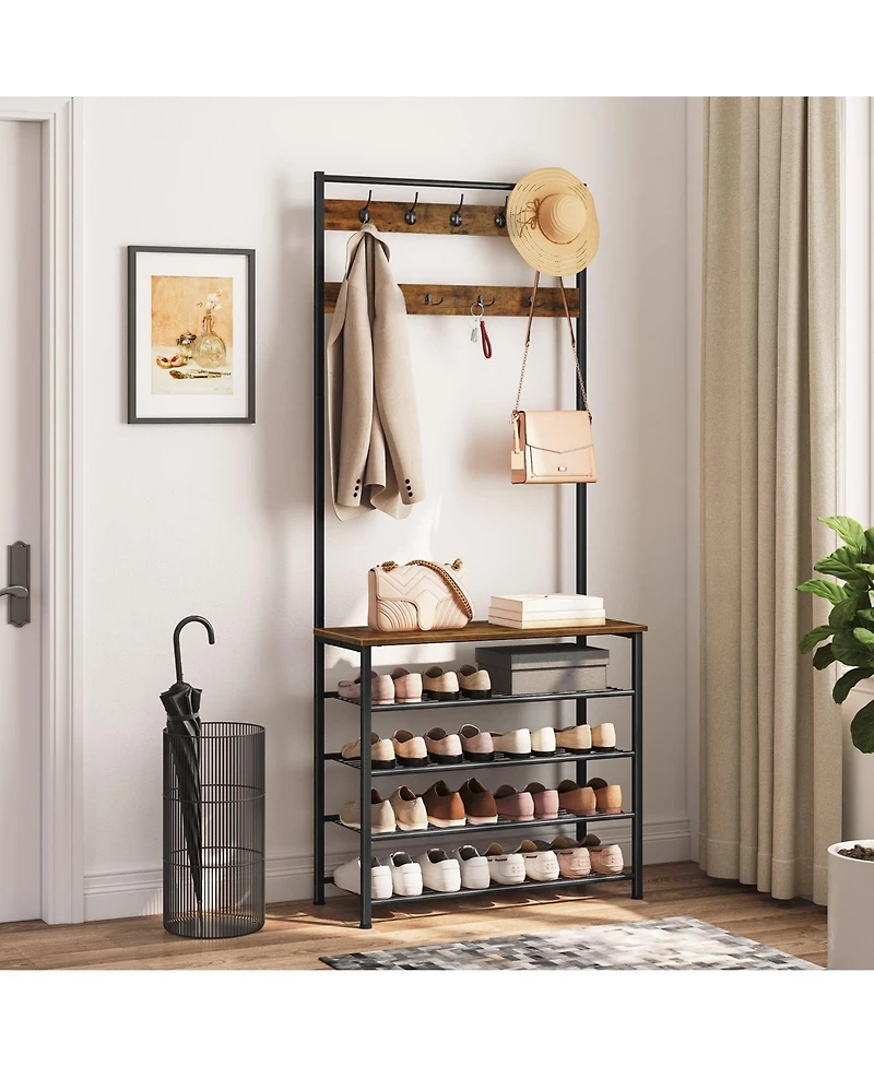 Slickblue Entryway Hall Tree with Coat Rack, Shoe Storage Bench And Multi Hook Organizer