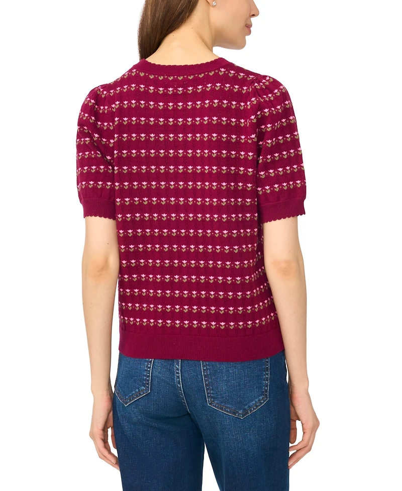CeCe Women's Flower Pointelle Crewneck Short-Sleeve Cotton Sweater