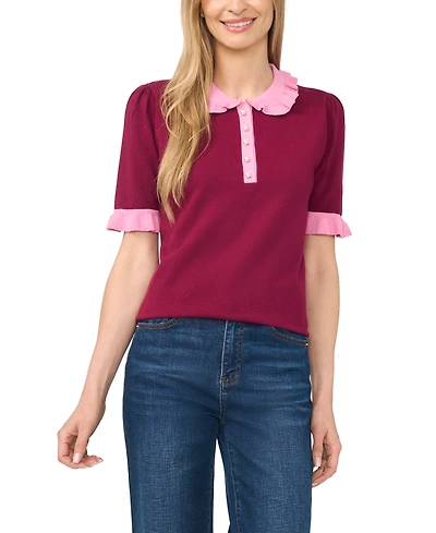 CeCe Women's Cotton Ruffle-Collar Short-Sleeve Top