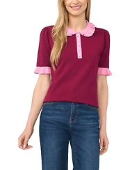 CeCe Women's Cotton Ruffle-Collar Short-Sleeve Top