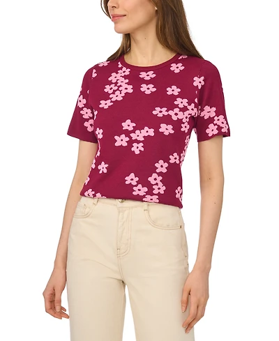 CeCe Women's Floral Jacquard Crewneck Short-Sleeve Sweater