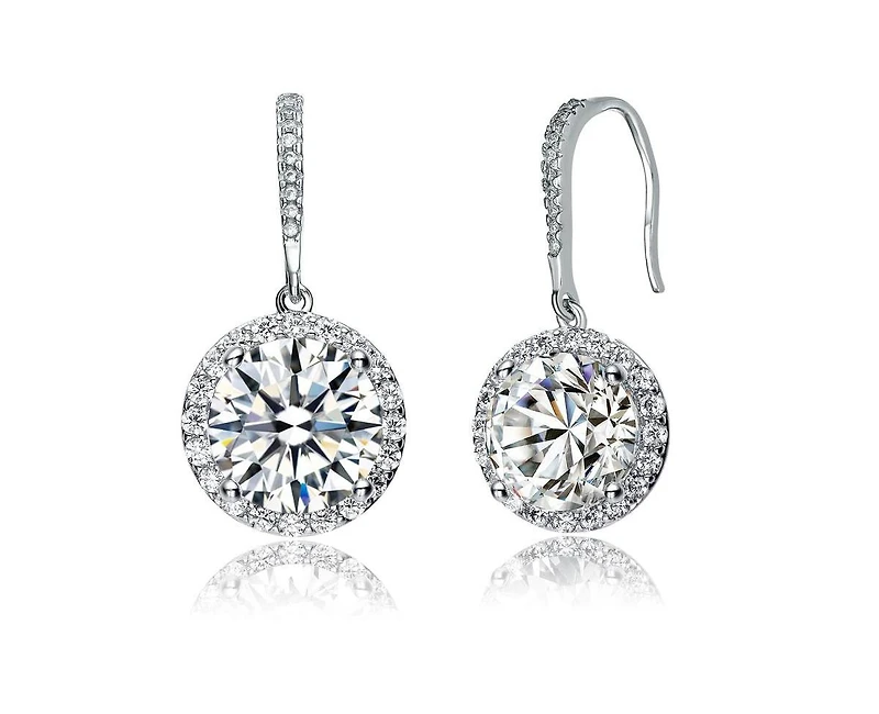 Genevive Dainty White Gold Plated Halo Cz Round Drop Fish Hook Earrings
