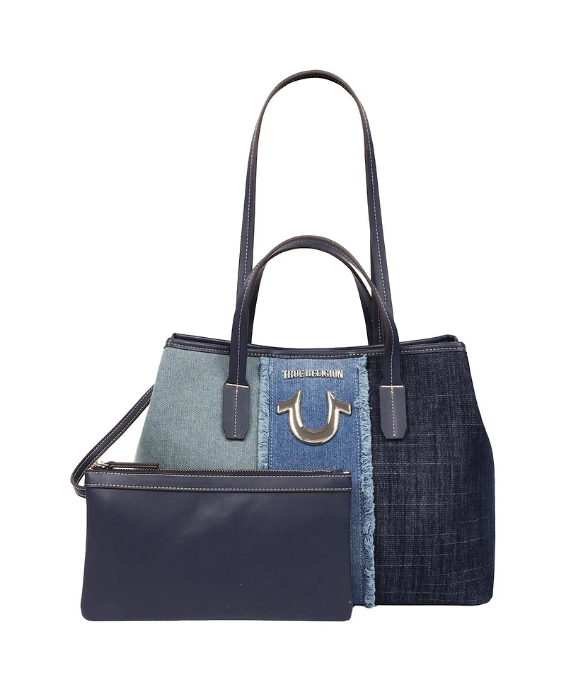 True Religion Frayed Denim Horseshoe Tote with Removable Wristlet