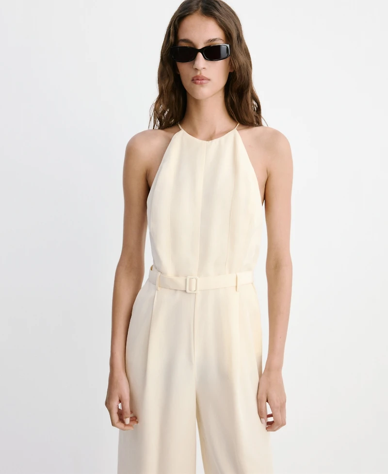 Mango Women's Wide-Leg Sleeveless Belt Detail Halter Jumpsuit