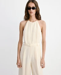 Mango Women's Wide-Leg Sleeveless Belt Detail Halter Jumpsuit