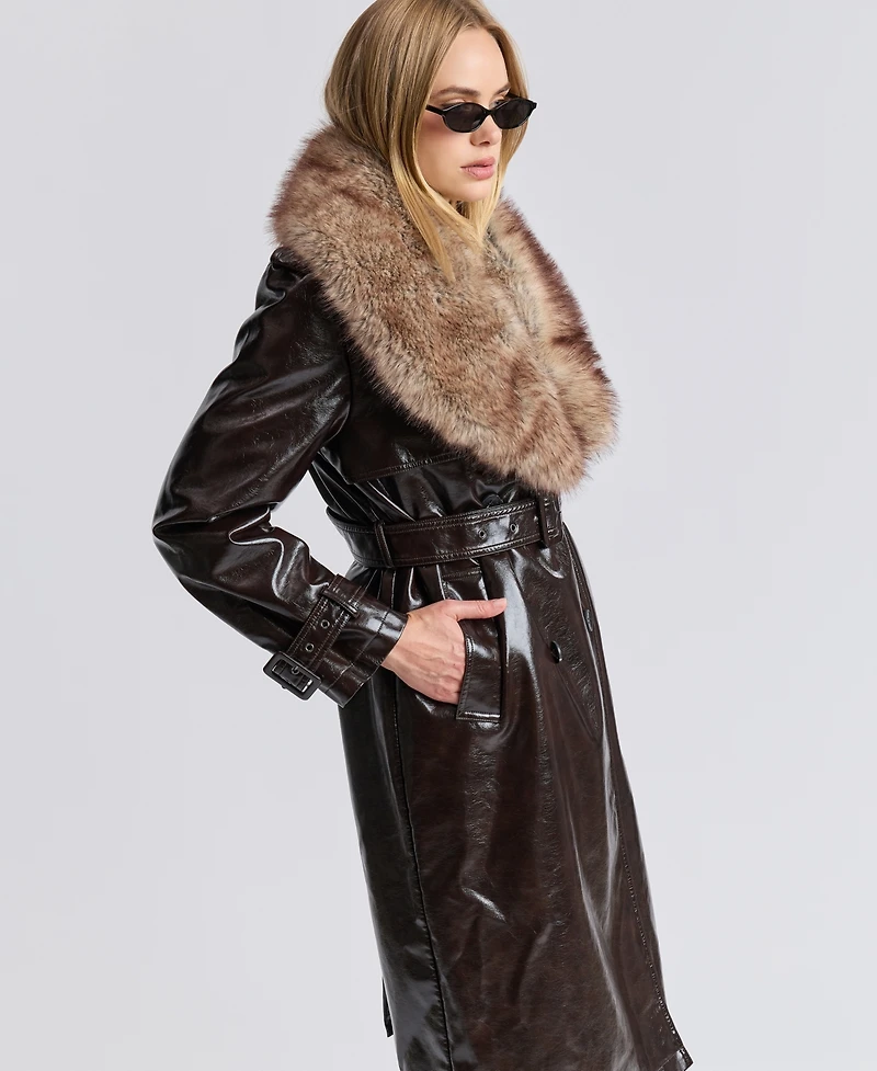 Avec Les Filles Women's Pleather Trench Coat with Fur Collar