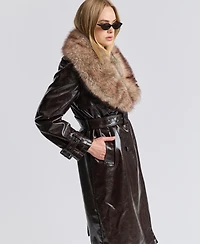 Avec Les Filles Women's Pleather Trench Coat with Fur Collar