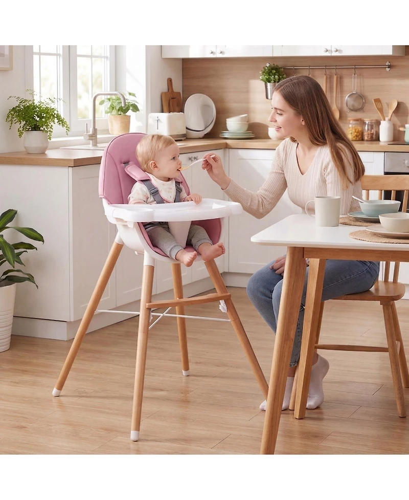 Sugift Wooden Baby High Chair with Dishwasher-Safe Tray and 5-Point Harness