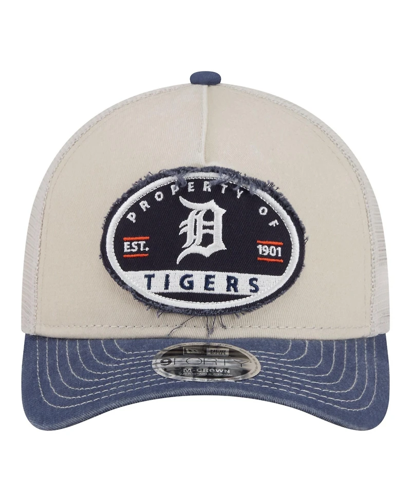 New Era Men's Light Beige/Navy Detroit Tigers Frayed M-Crown A-Frame 9FORTY Trucker Adjustable Hat
