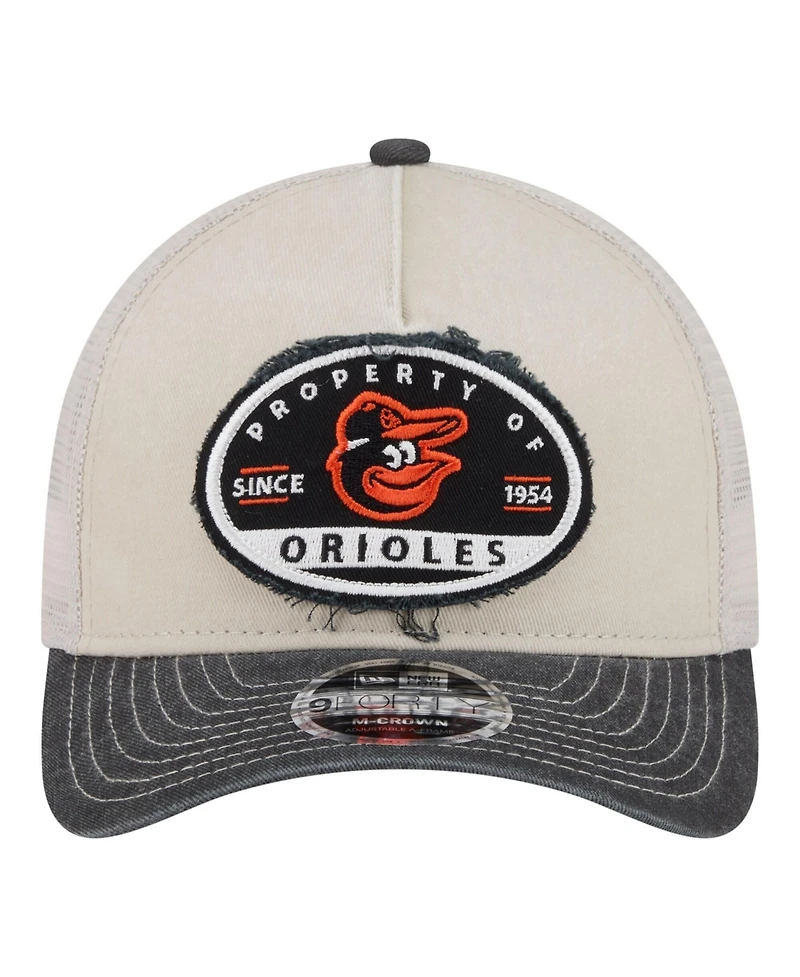 New Era Men's Light Beige/Black Baltimore Orioles Frayed M-Crown A-Frame 9FORTY Trucker Adjustable Hat