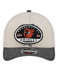 New Era Men's Light Beige/Black Baltimore Orioles Frayed M-Crown A-Frame 9FORTY Trucker Adjustable Hat