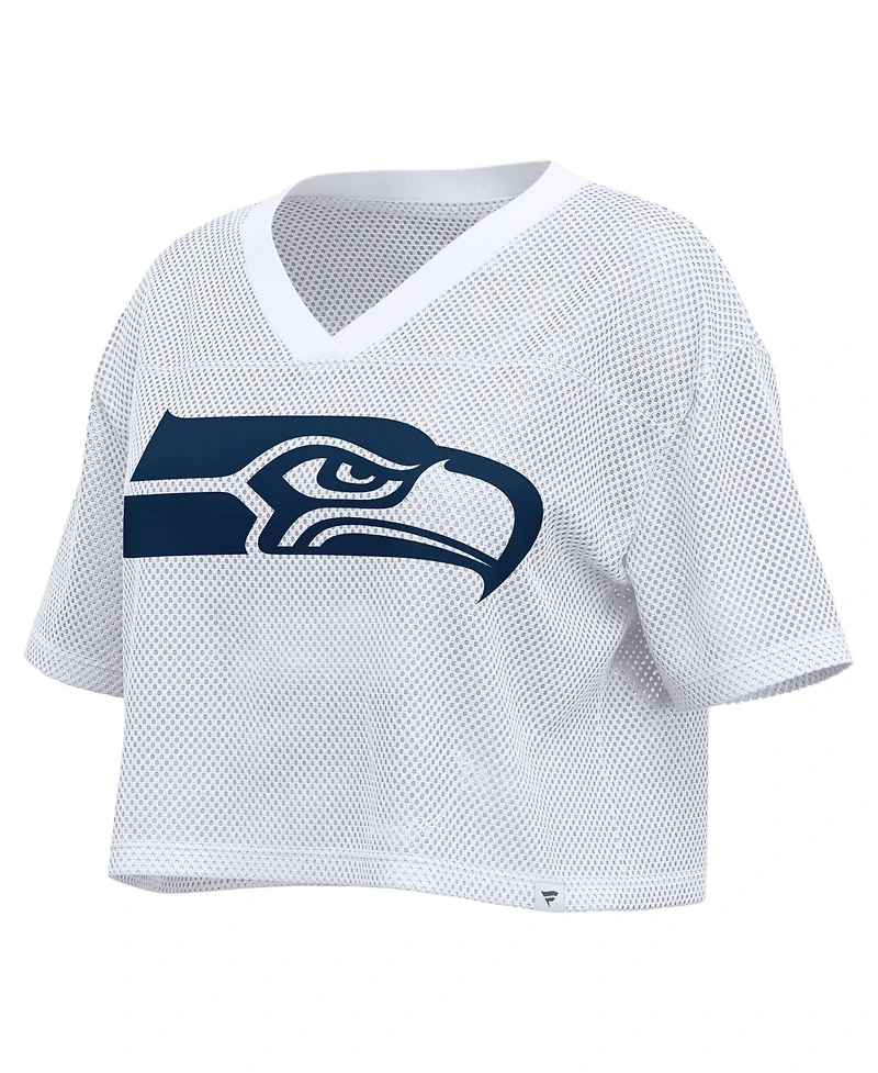 Fanatics Women's White Seattle Seahawks Oversized Mesh Cropped V-Neck Jersey