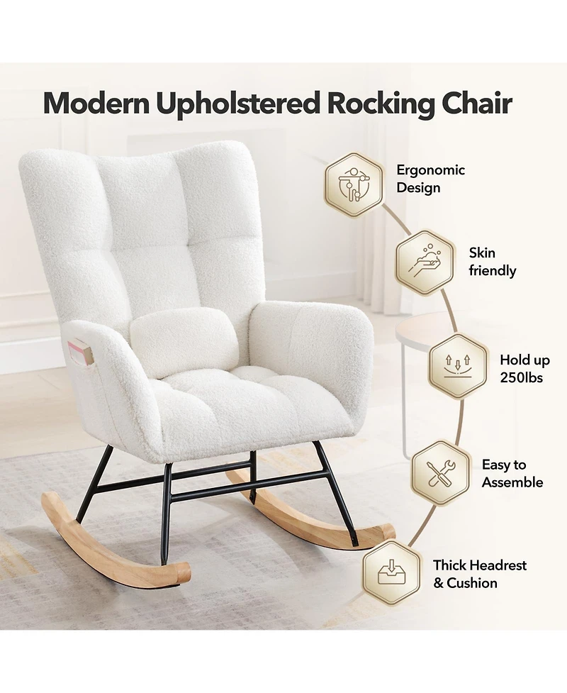 homfan Modern Upholstered Rocking Chair Set of 2, High Back, Padded Seat, Armchair with Side Pocket, Lounge Chair for Living Room, Bedroom