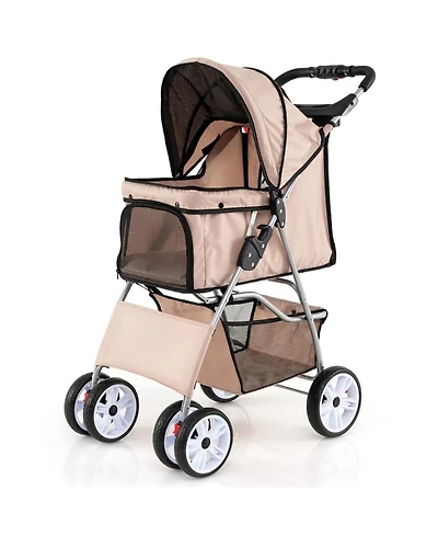 Hongge 4-Wheel Foldable Pet Stroller with Adjustable Canopy Storage Basket and Cup Holders