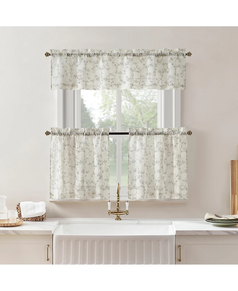 No. 918 Jacqueline Tonal Floral Puff Print Semi-Sheer Rod Pocket Kitchen Curtain Tier Pair