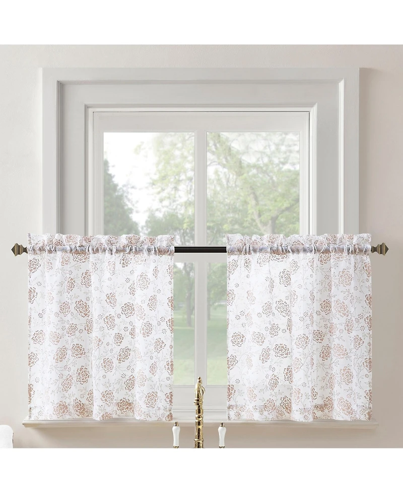 No. 918 Jacqueline Tonal Floral Puff Print Semi-Sheer Rod Pocket Kitchen Curtain Tier Pair