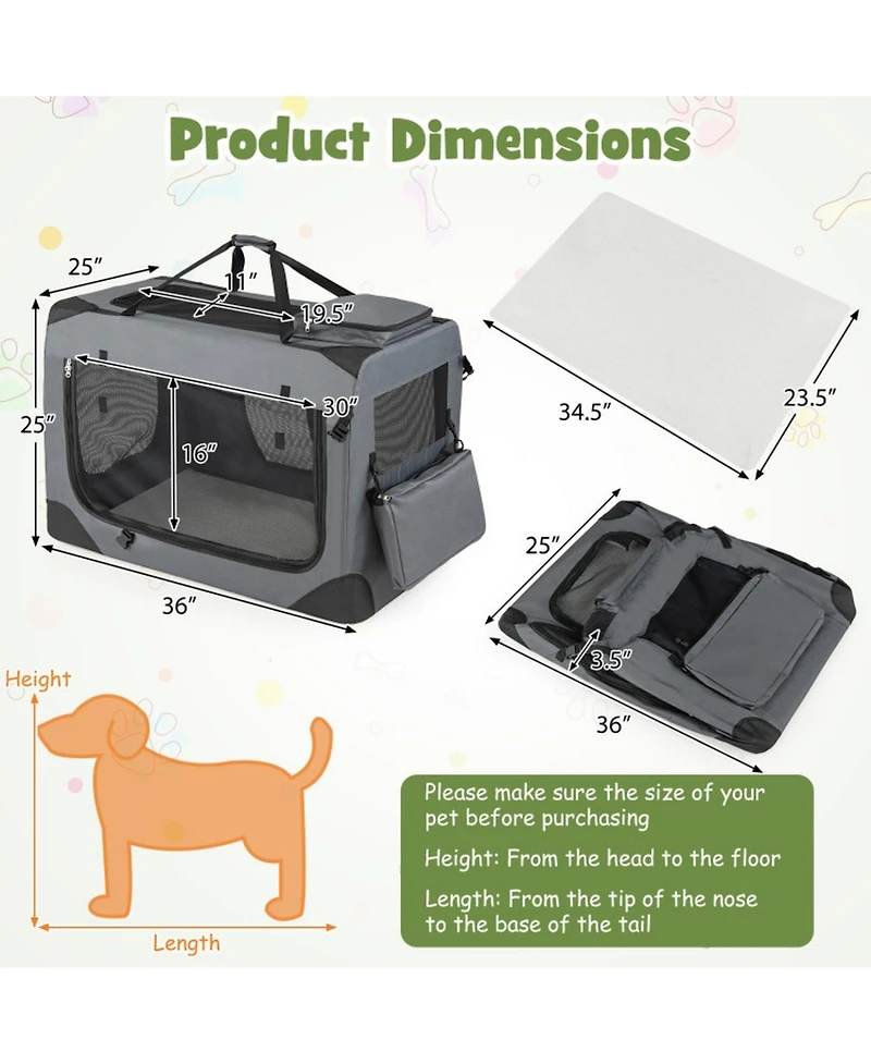 Hongge Collapsible Soft Dog Travel Crate with Mesh Windows 3 Doors and Washable Cushion