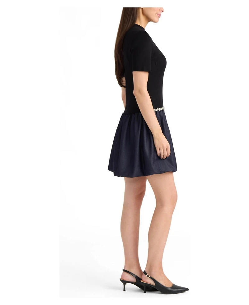 Ellen Tracy Women's Twofer Mock Neck Short Sleeve Bubble Skirt Mini Dress