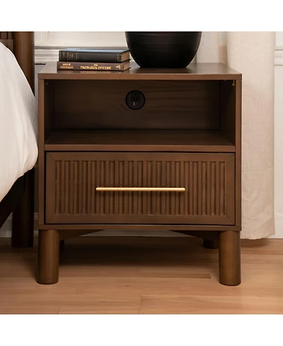 Plank+Beam Sera Fluted Cubby Nightstand with 1 Drawer, Electrical Outlet and Brass Handle