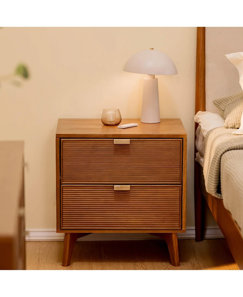 Plank+Beam Linea Tambour 2 Drawer Nightstand with Brass Pull, Pecan