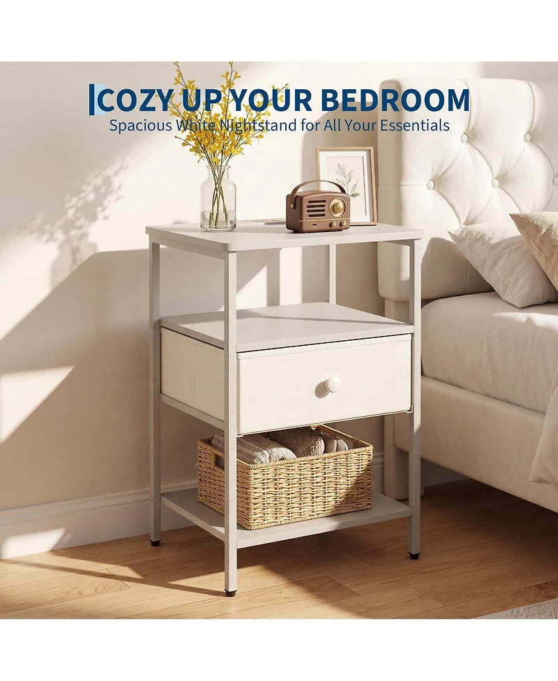 homfan Bedside Table with Charging Station – 3-Tier Storage Nightstand, Fabric Drawer and Metal Frame Compact Narrow End Table for Bedroom Living Room