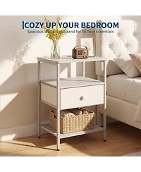 homfan Bedside Table with Charging Station – 3-Tier Storage Nightstand, Fabric Drawer and Metal Frame Compact Narrow End Table for Bedroom Living Room