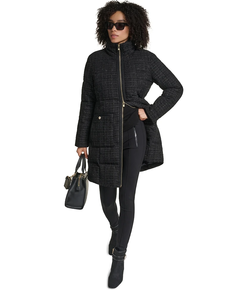 Karl Lagerfeld Paris Women's Tweed Sparkle Long Puffer Coat