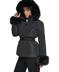 Karl Lagerfeld Paris Women's Faux-Fur Trim Cuff and Hood Belted Puffer Jacket