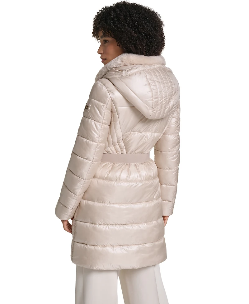 Karl Lagerfeld Paris Women's Belted Faux Fur Collar Hooded Puffer Coat
