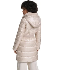 Karl Lagerfeld Paris Women's Belted Faux Fur Collar Hooded Puffer Coat