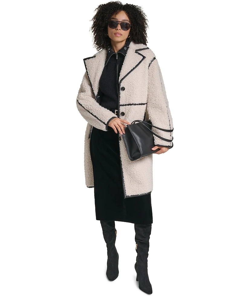 Karl Lagerfeld Paris Women's Faux-Leather-Trim Teddy Coat