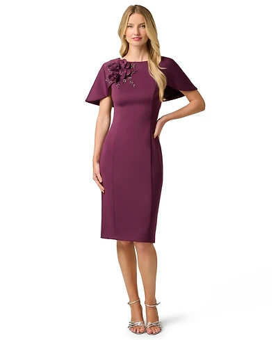 Adrianna Papell Women's 3D Floral Cape-Sleeve Stretch Sheath Dress