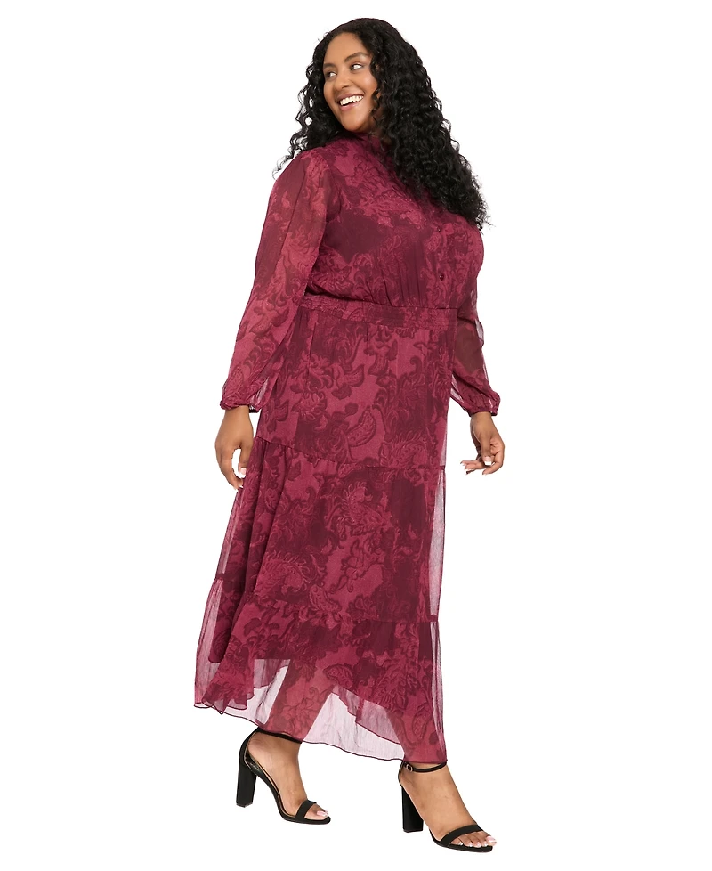 London Times Plus Smocked Tiered Maxi Printed Bishop Sleeve Mock Neck Dress