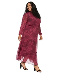 London Times Plus Smocked Tiered Maxi Printed Bishop Sleeve Mock Neck Dress