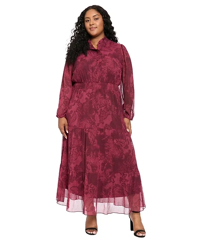 London Times Plus Smocked Tiered Maxi Printed Bishop Sleeve Mock Neck Dress
