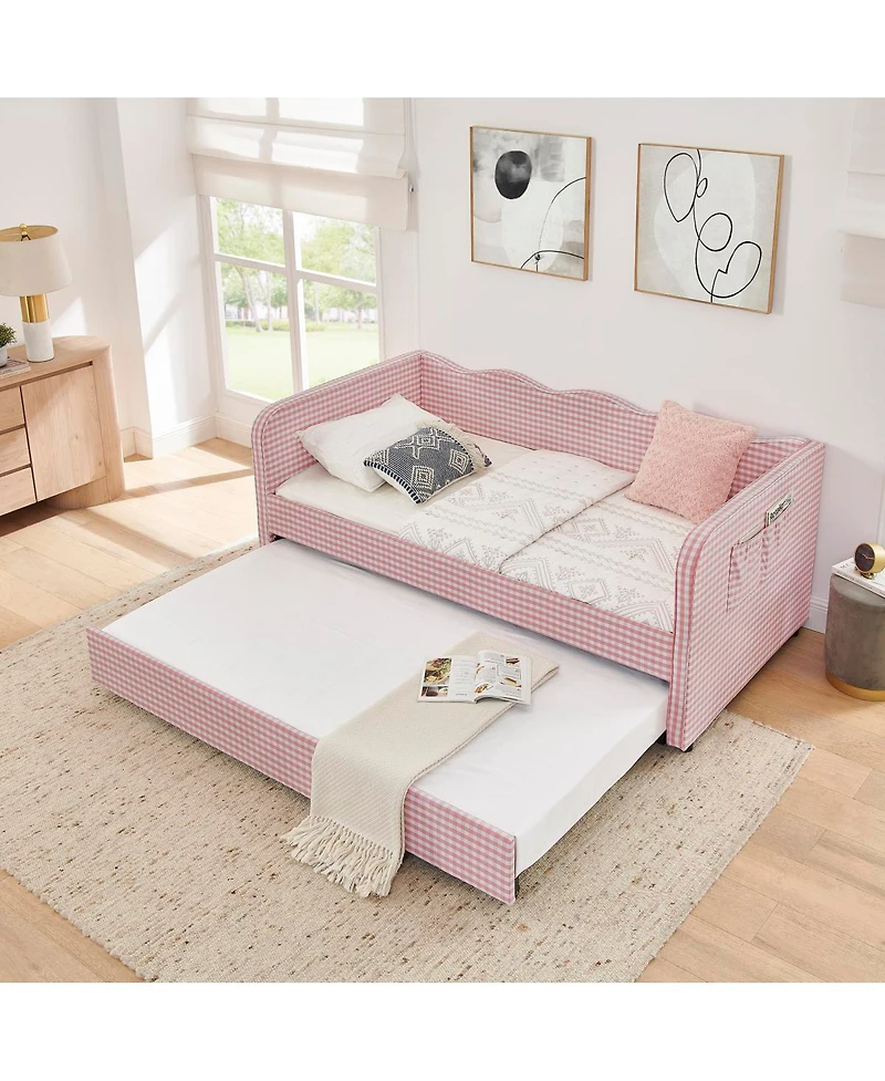 Streamdale Furniture Gingham Upholstered 3-in-1 Twin Daybed with Trundle and Storage