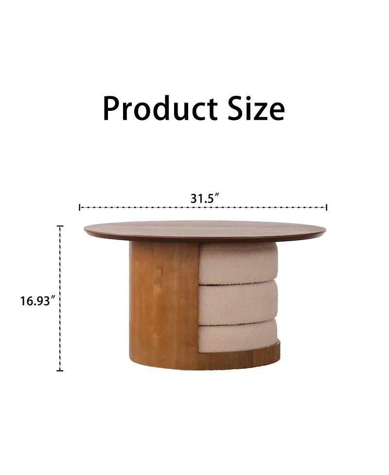 Streamdale Furniture 31.5" Round Wood Coffee Table with 3 Teddy Fabric Nesting Stools