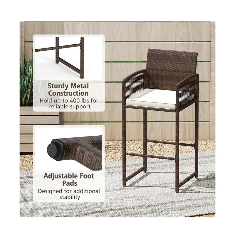 Boyel Living Outdoor Pe Wicker Bar Stools Set of 2 Patio Bar Height Chairs with Cushions