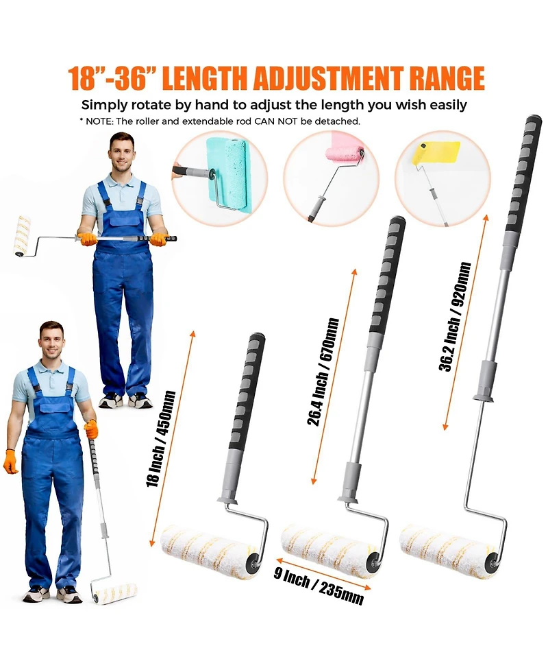 Xdovet 6houset Roller Kit 9 Inch Extendable Frame 5 Covers 1/2" Nap 18"-36" Walls Ceilings Floor