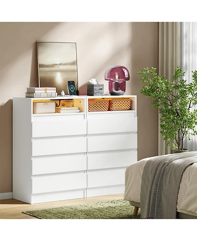 homfan Set of 2 Chest of Drawers With 4 Drawers, Modern Chest With Led Lighting and Usb Charging Station